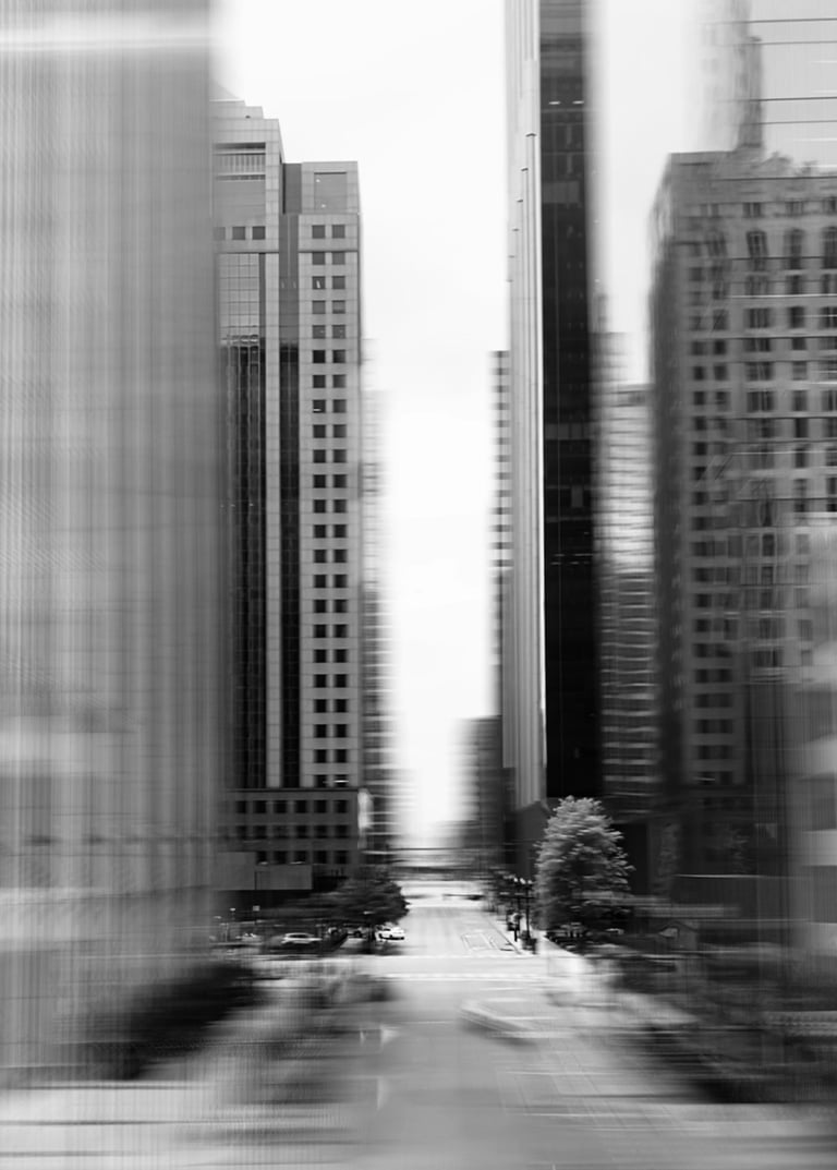 a city street scene with a train passing by