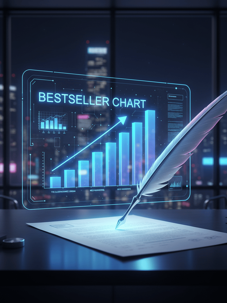 AI-powered quill drafting text that transforms into a bestselling book chart.