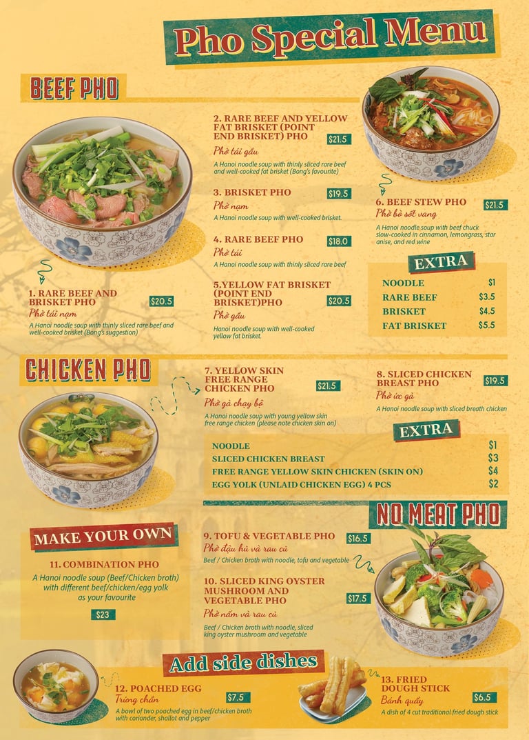 A image of a pho menu showing the dirrent tyoes of pho