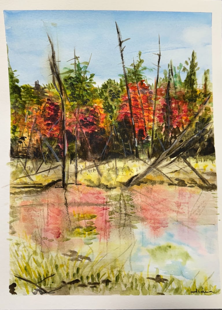 a painting of a pond with trees and water