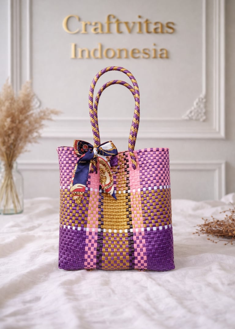Tas anyaman plastik motif batik ungu kuning pink handmade Craftvitas Indonesia