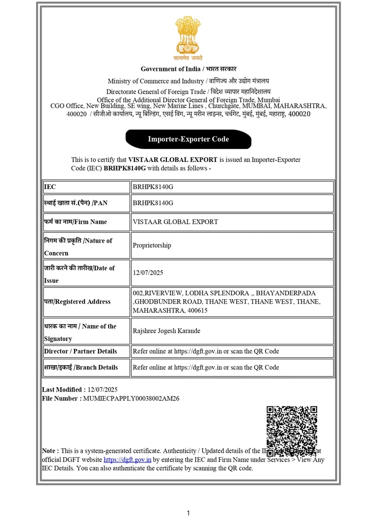 "Import Export Code (IEC) certificate issued by the Government of India for business export authori