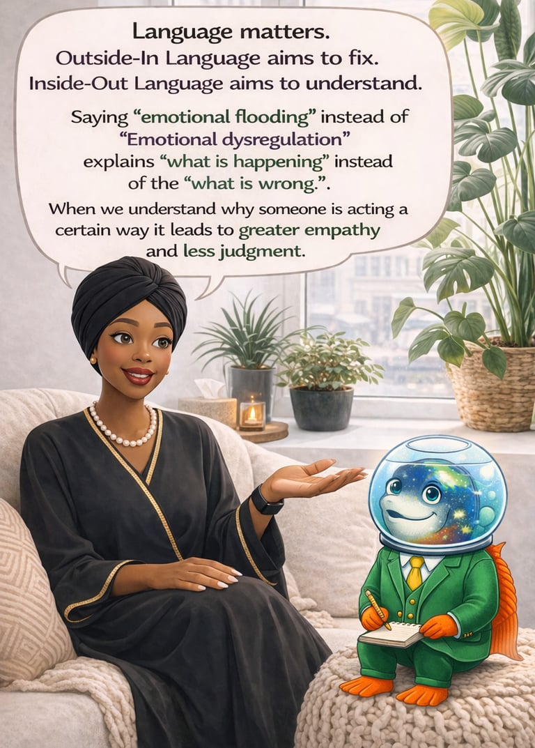 A woman explains empathy and emotional flooding to a goldfish therapist in a cozy room.