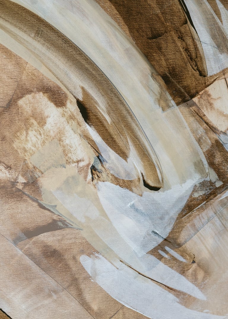 Abstract acrylic painting with expressive brushstrokes in neutral beige, tan, and white tones on textured canvas.