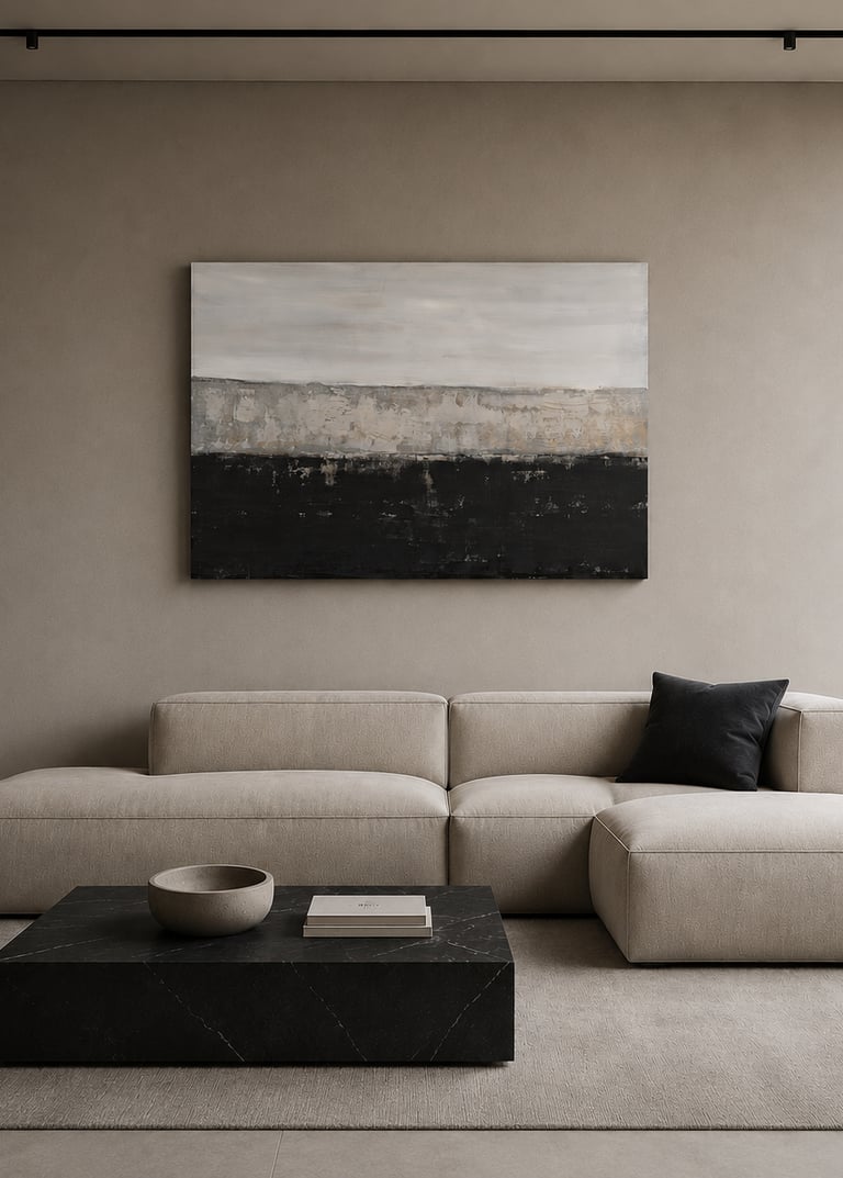 Modern minimalist living room featuring a beige modular sofa and black marble coffee table.