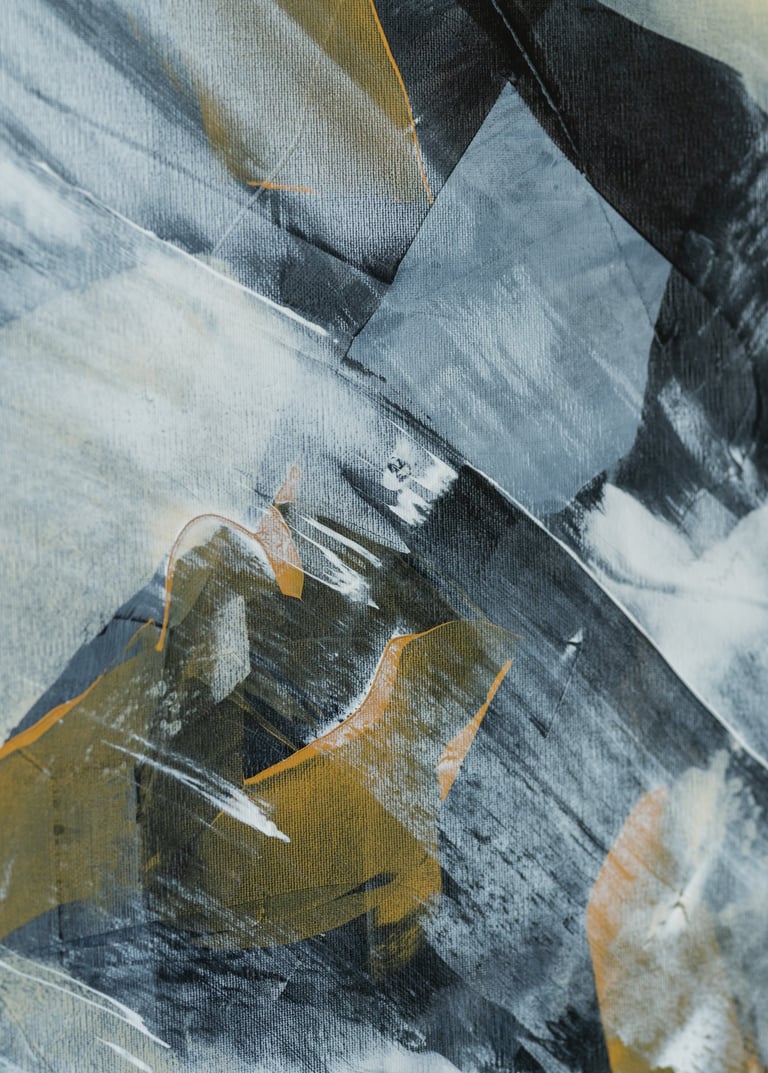 Abstract acrylic canvas painting with textured brushstrokes in grey, black, gold, and white.