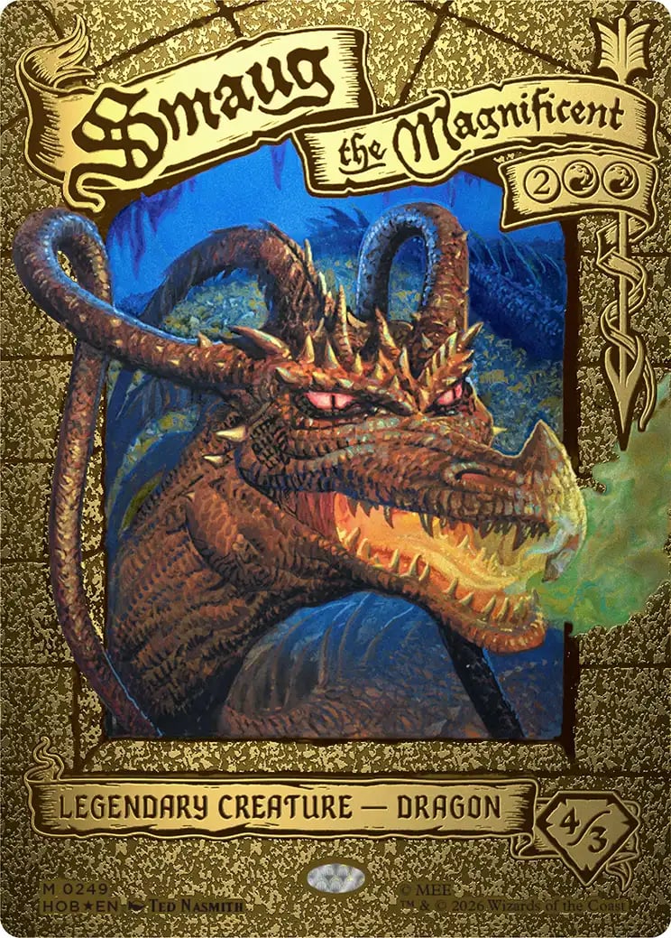 Smaug the Magnificent legendary dragon creature card from Magic: The Gathering with gold border art.
