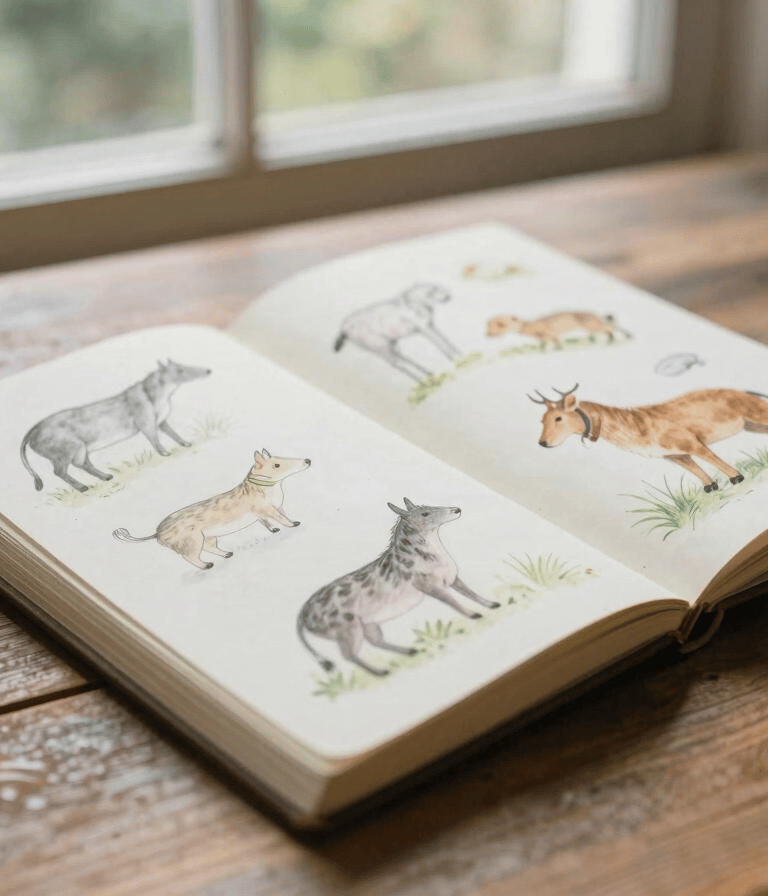 An open sketchbook lying on a rustic wooden table, showing soft pencil and watercolor illustrations of animals, soft natural window light