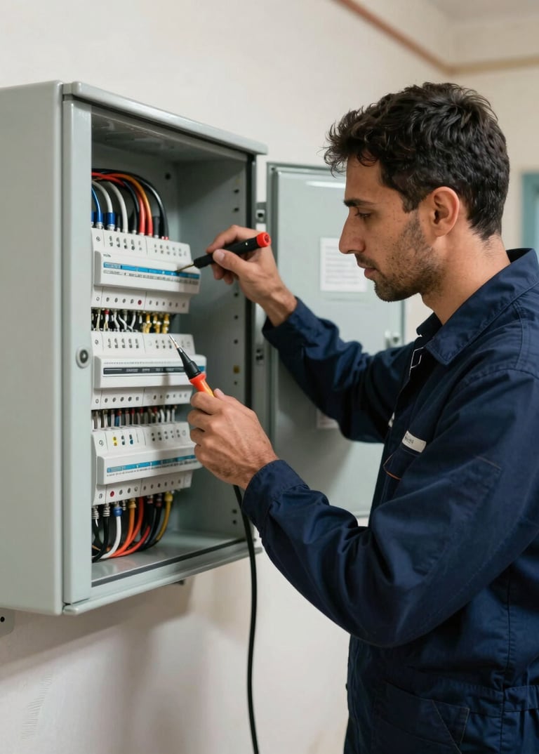 Technicien réalisant une installation électrique bâtiment professionnelle en Algérie