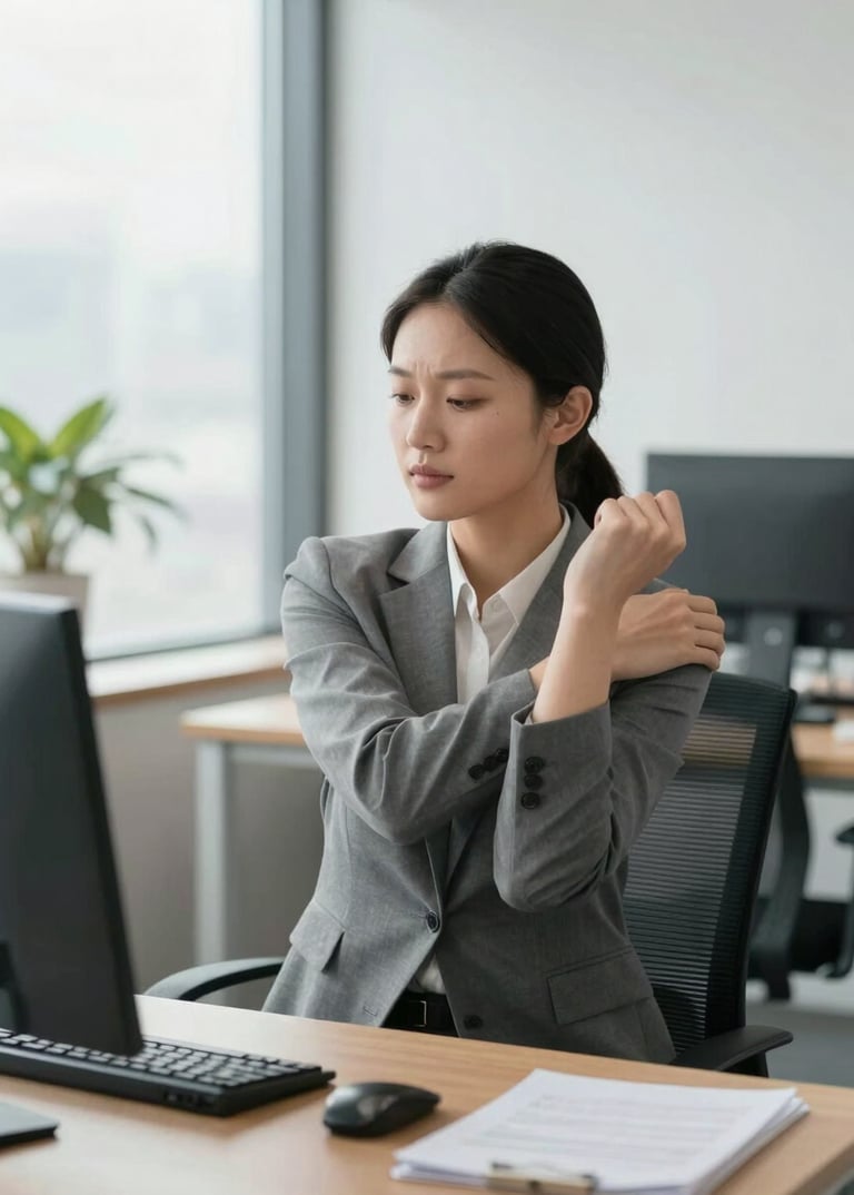 A professional corporate employee sitting upright at a modern desk, practicing a guided shoulder stretch with a calm, focused expression, bright natural office lighting.