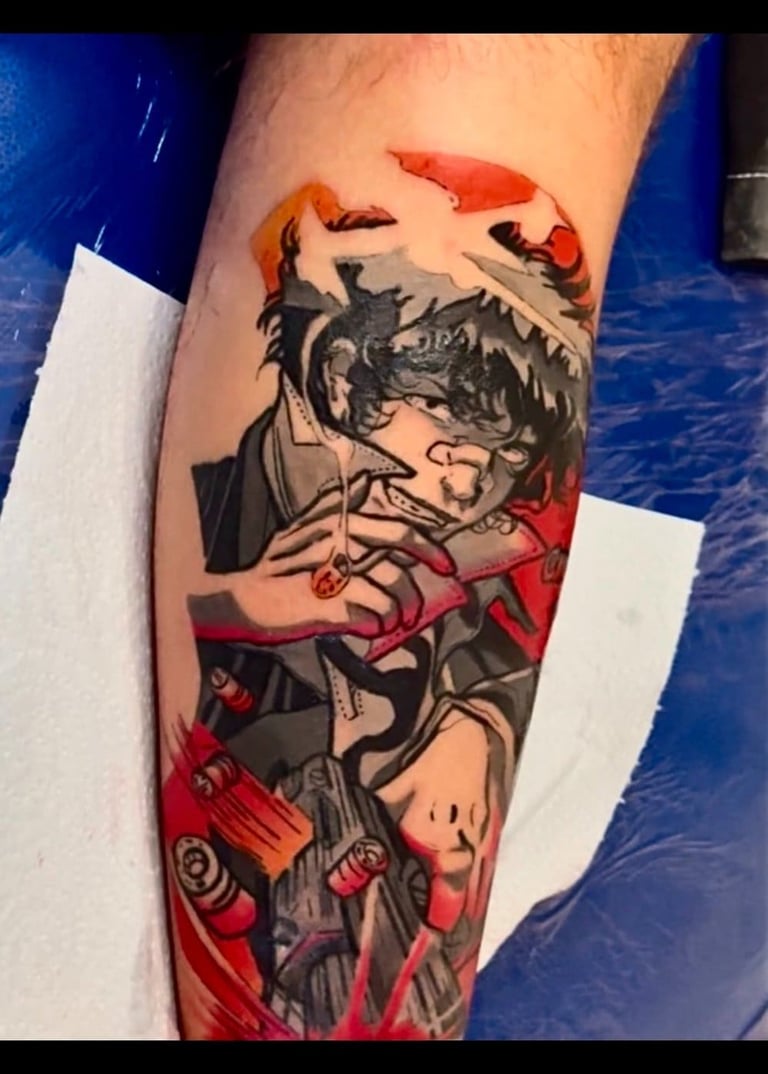 Cowboy Bebop Spike Spiegel anime tattoo with red highlights and gun details.