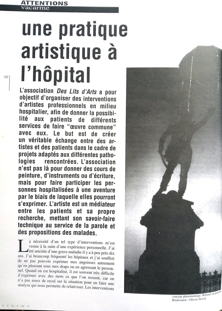 Page 1 de mon article dans Vacarme une les interventions d'artistes en milieu hospitalier.