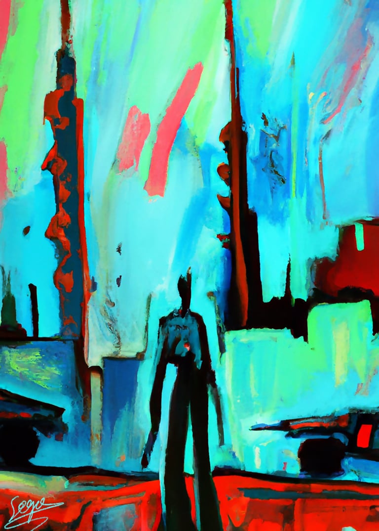 a painting of a man walking down a street
