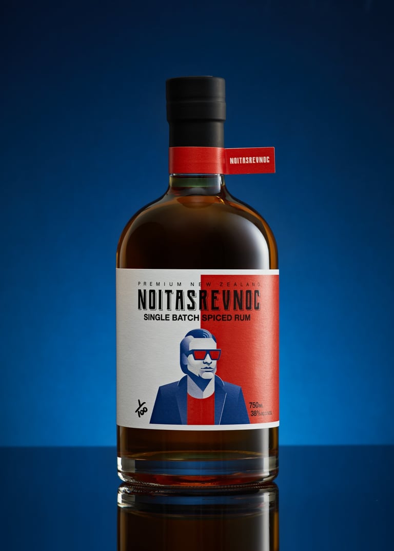 Product photography - a bottle of whiskey with a man in a suit and sunglasses on it