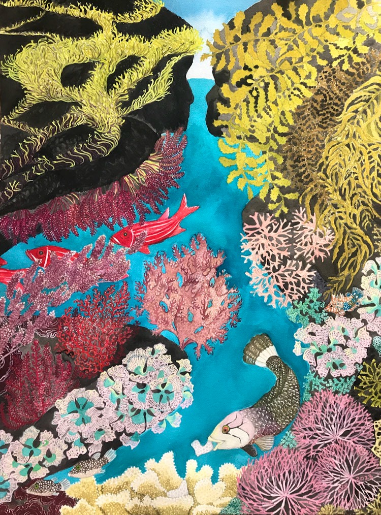 A painting of native limu (seaweed) and whimsical native reef fish of Hawaii.