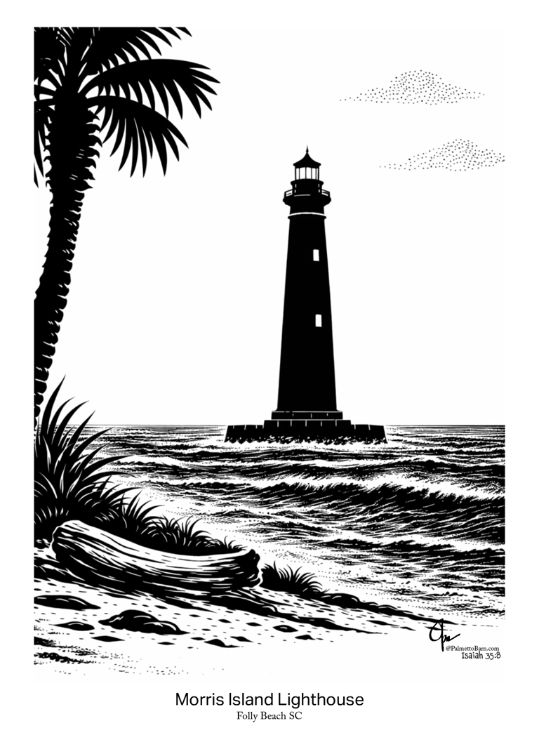 Black and white silhouette art of the Morris Island Lighthouse