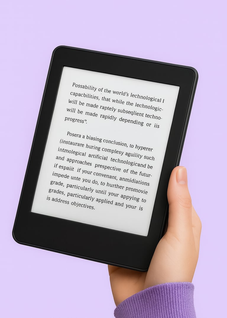 Persona sosteniendo un e-reader con libro digital abierto, representando lectura accesible y educación tecnológica