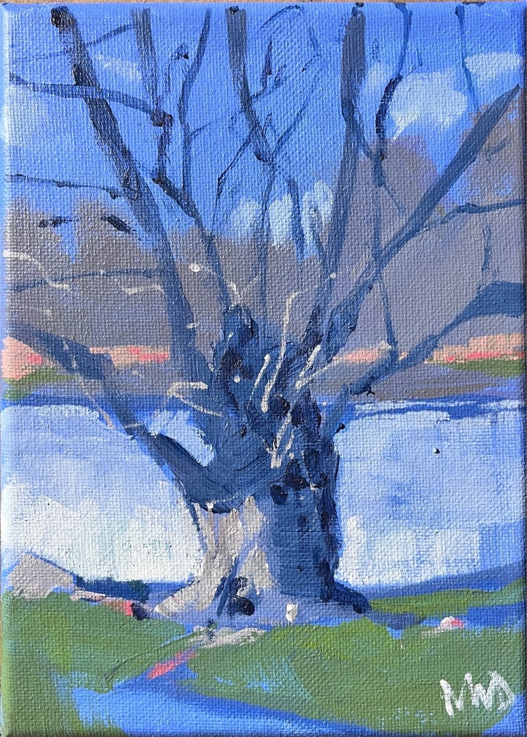 a painting of a tree with a tree in the background