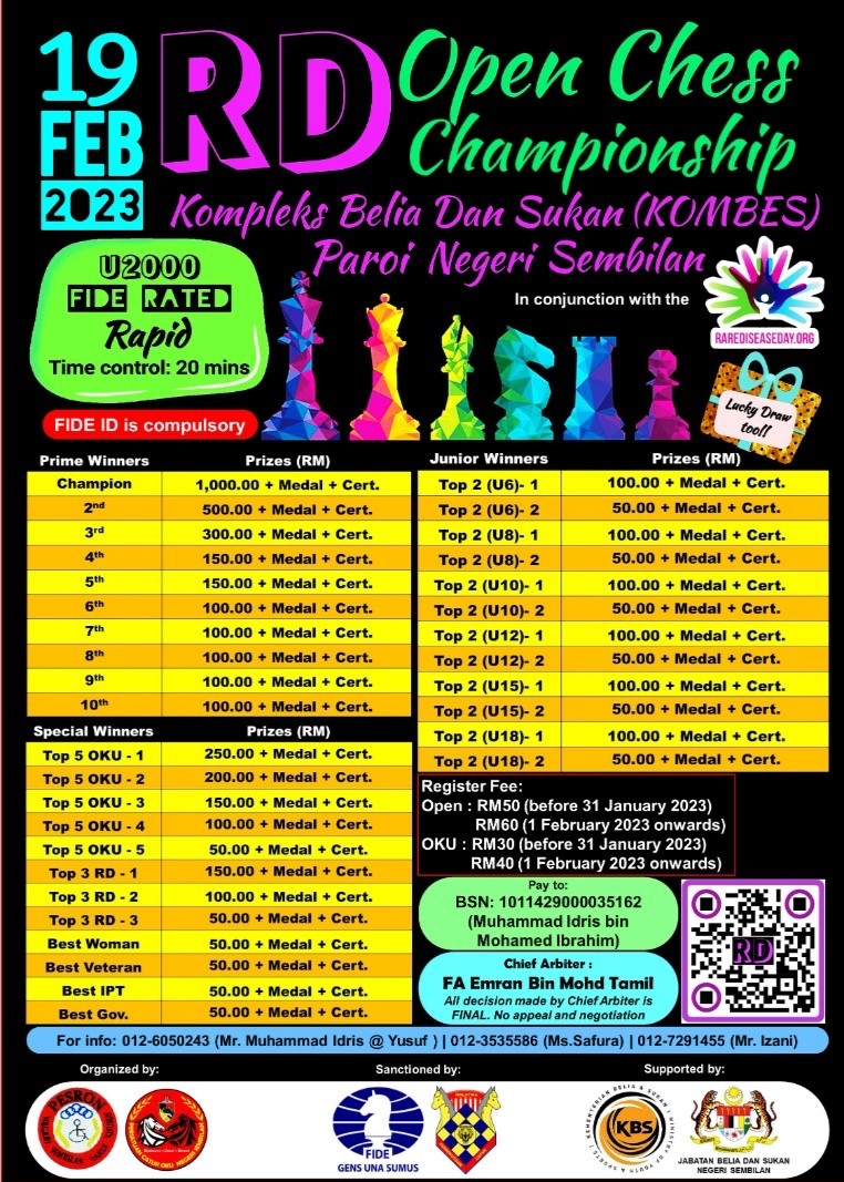 RD Open Chess Championship 2023 with Rare Disease Day. in Negeri Sembilan. KOMBES Malaysia. Catur. 
