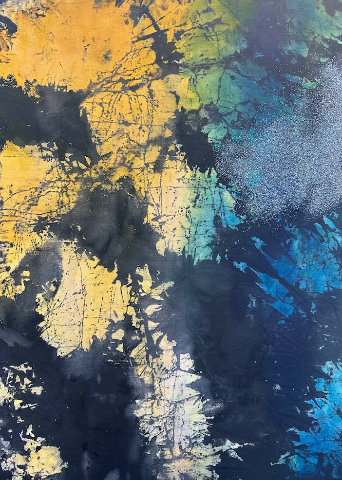 Slippy Sunsets, 40 x 30 inches Inks and Diamond Dust on Canvas, 2024  Inquire for price