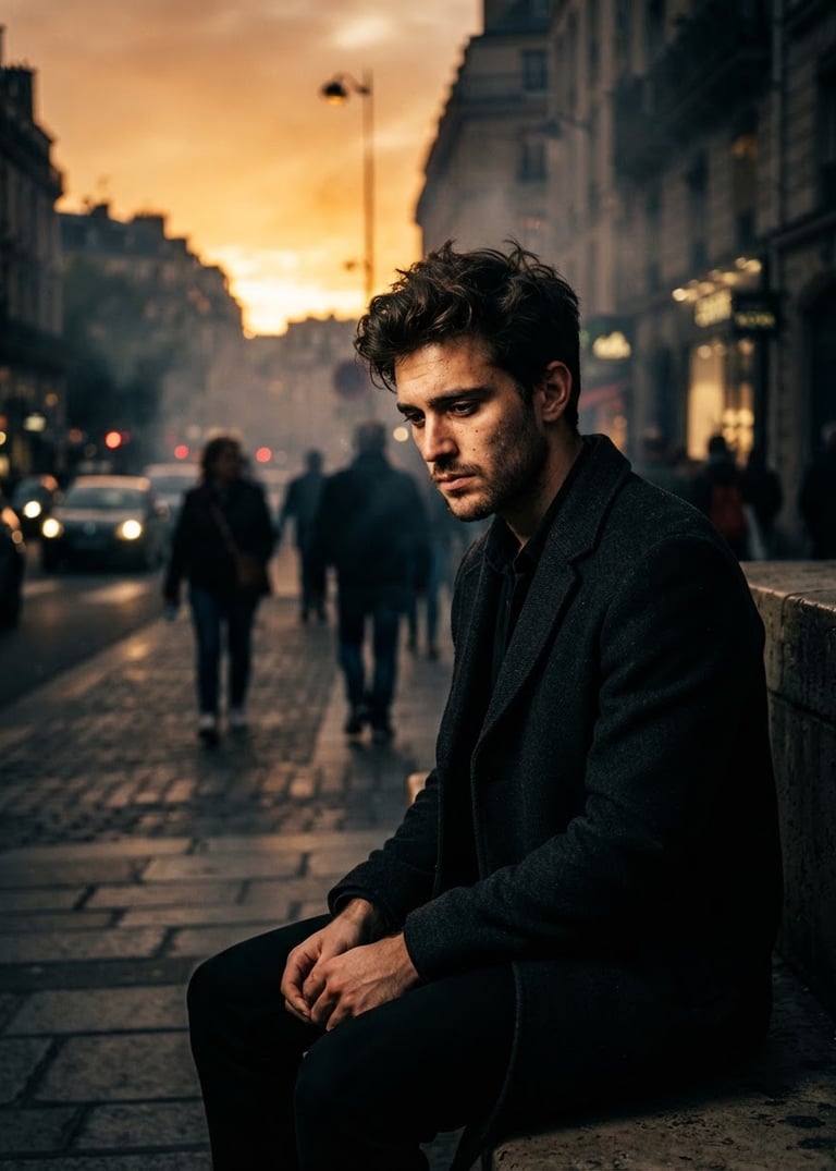 Retrato de um jovem pensativo com luz dramática de rua ao pôr do sol, fumaça suave ao fundo, composição descentralizada, alto contraste.