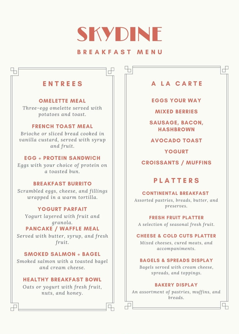 Breakfast Menu for Private Jet Catering