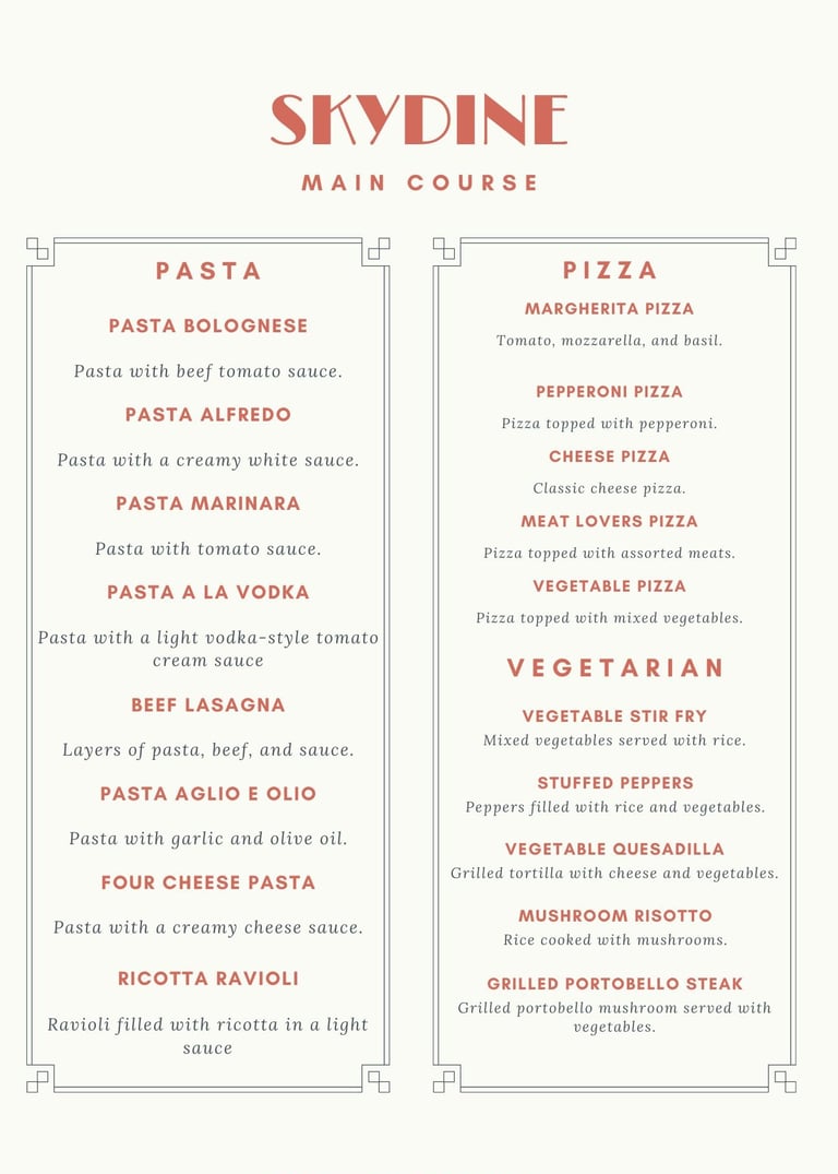 entrees for inflight catering