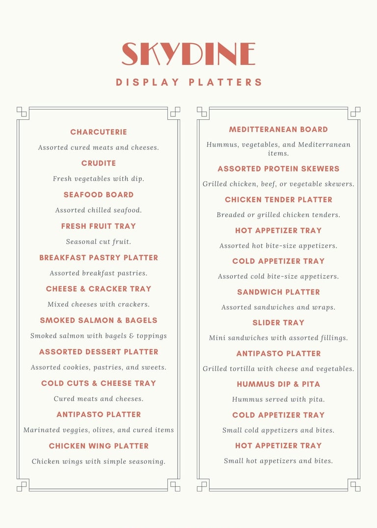 display platter menu for private jet