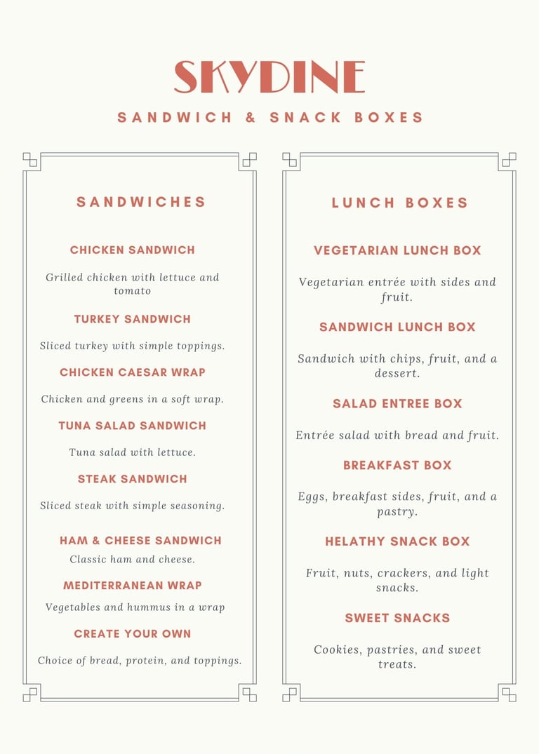 Sandwich and snack menu for inflight catering