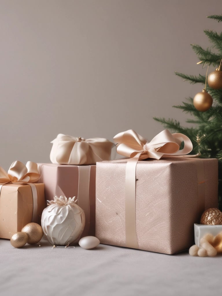 Close-up of a stylish gift basket with candles and ornaments.