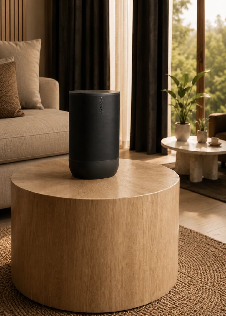 Sonos Move 2 noire, enceinte Bluetooth et Wi-Fi portable haut de gamme intégrée dans un salon moderne au design élégant.