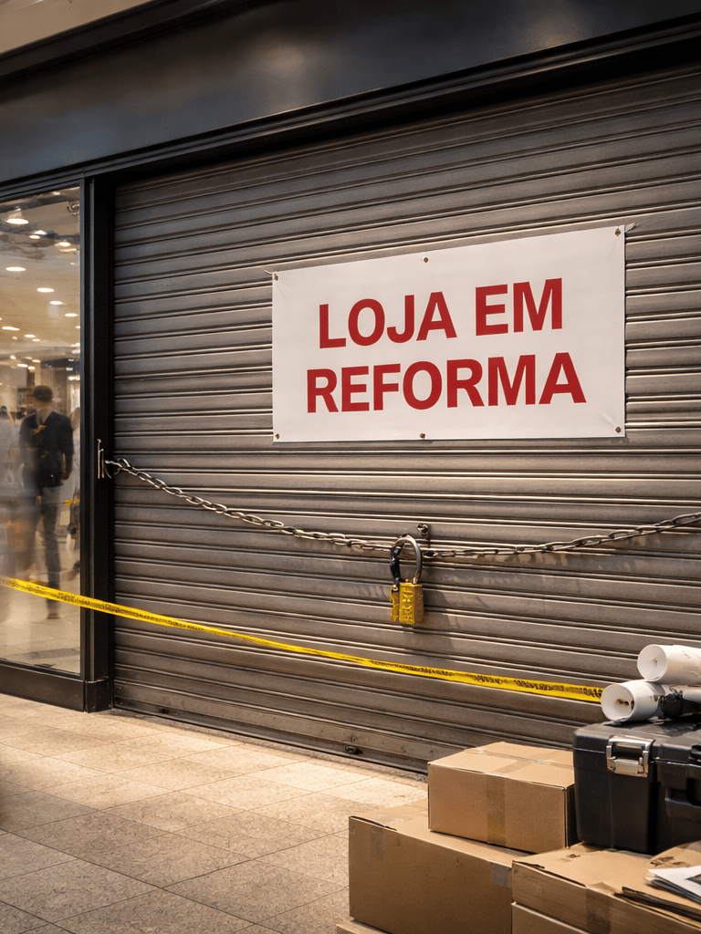 Loja fechada em shopping center com materiais de obra representando prejuízo por atraso na inauguraç