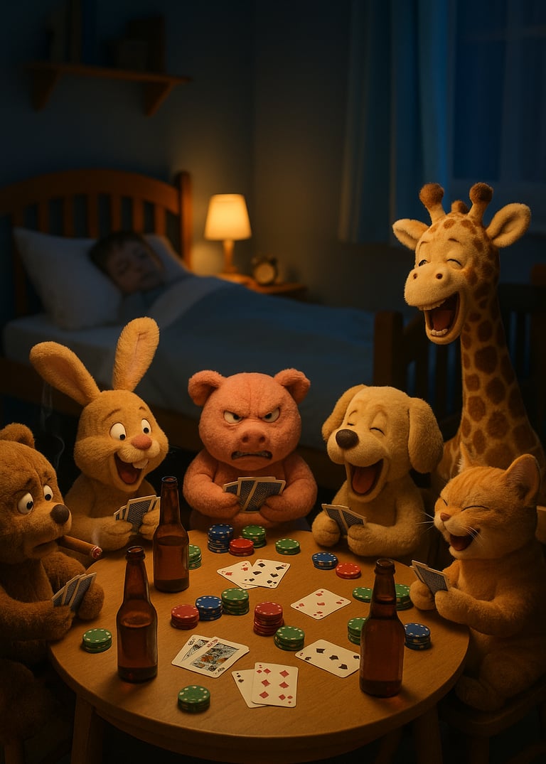Quand l'enfant dort les peluches jouent - illustration journée mondiale de la peluche.
