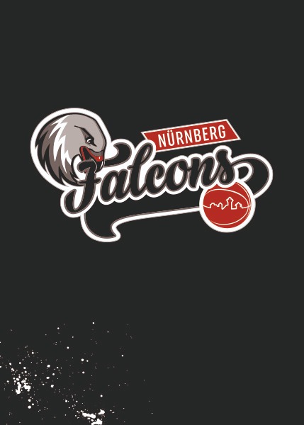 Nürnberg Falcons basketball team logo featuring a fierce hawk head and a red basketball with a city skyline.