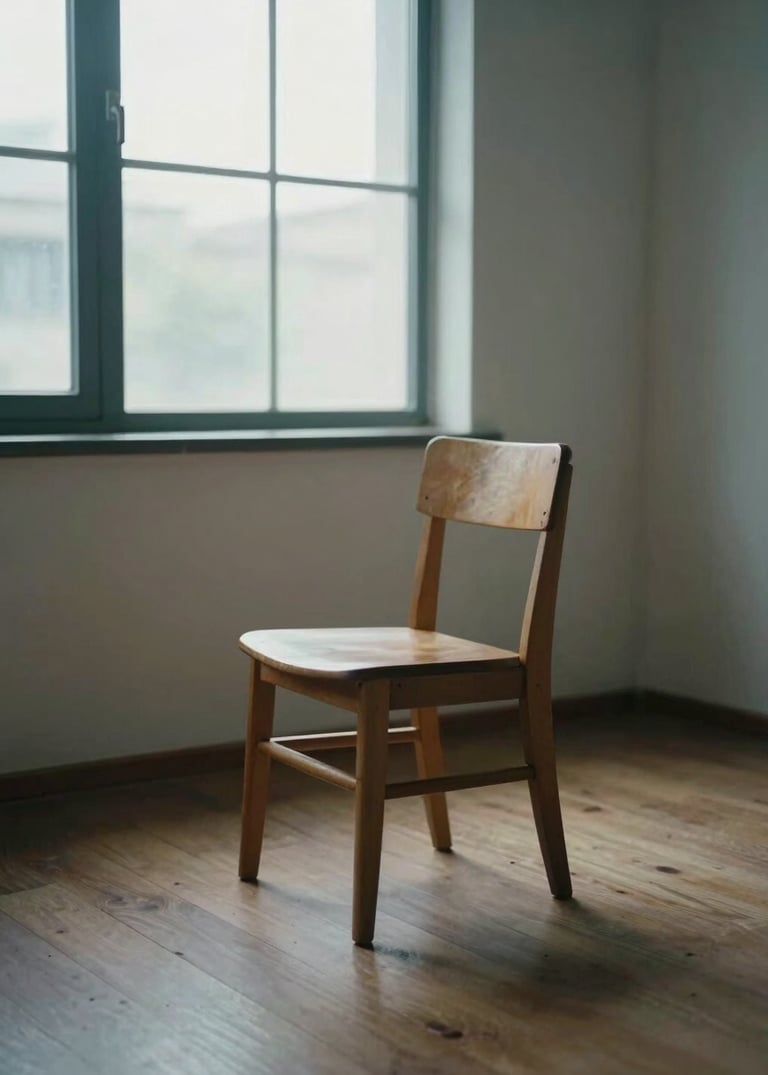Wide interior shot from inside a room, a single wooden chair positioned near a tall window, cool north-facing daylight falling across the empty seat and bare floorboards, soft shadow at the room's edge, no figures present