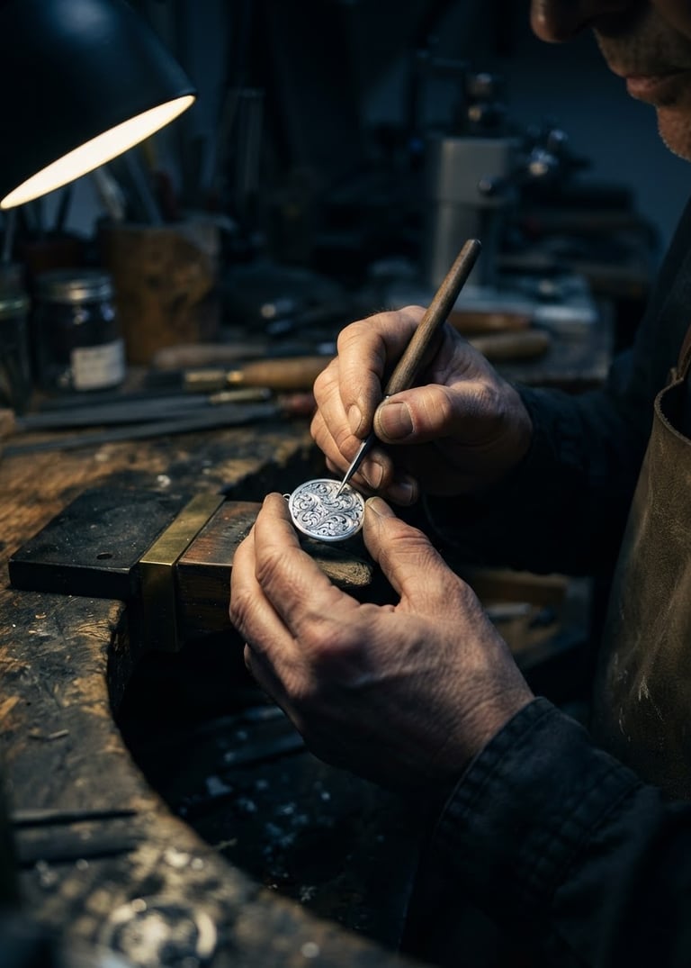 Close-up macro shot of skilled artisan hands carefully carving intricate details into a silver charm, dramatic chiaroscuro lighting, deep shadows, sharp highlights, shallow depth of field, workshop background blurred, tools visible, focused on the silver.