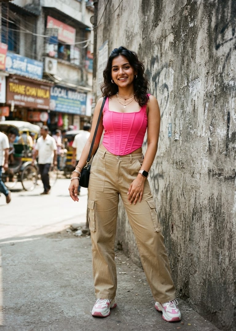 Dynamic street-style crop of a young woman wearing an electric pink corset top and cargo pants, standing against a high-contrast concrete wall in Thane, bright natural daylight, 35mm lens