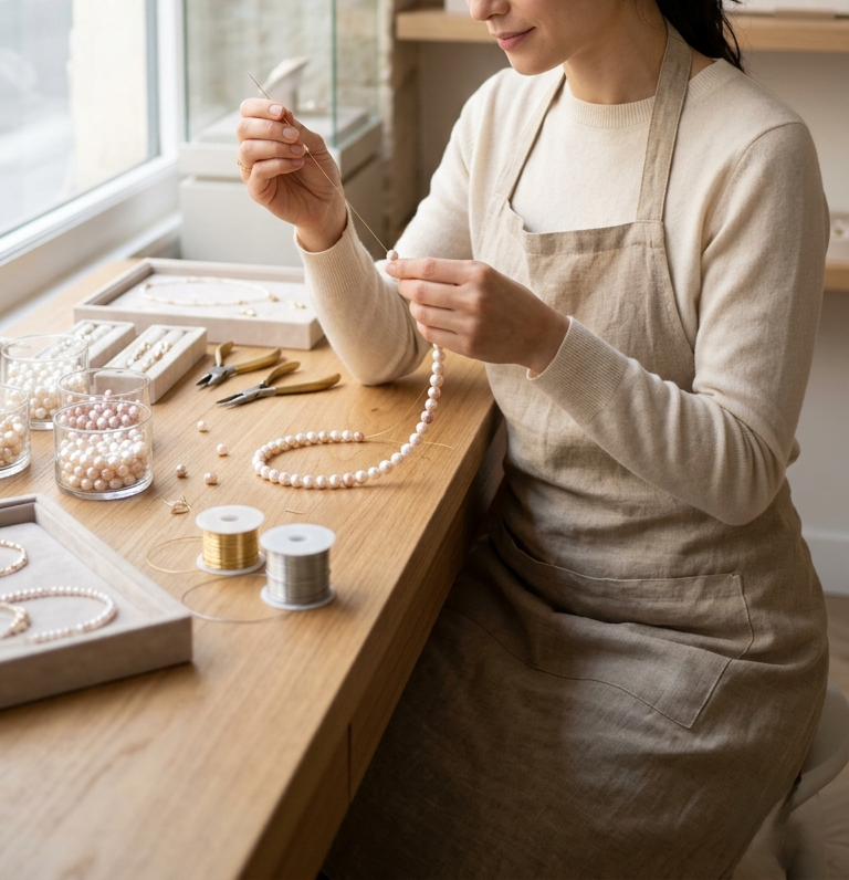 Jewelry maker handcrafting a pearl necklace with wire and tools at a wooden workbench.