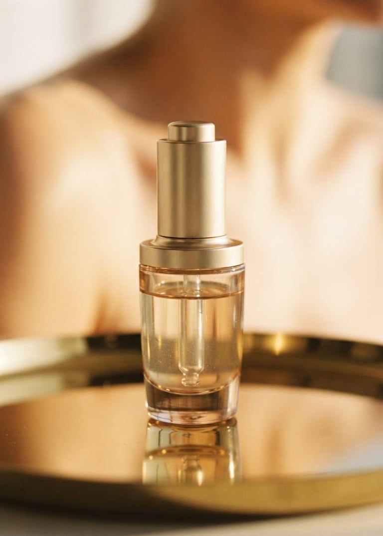 Close-up of a luxurious serum bottle on a reflective golden surface, with a soft-focus background of luminous skin, warm diffused golden-hour window light, shallow depth of field, 35mm