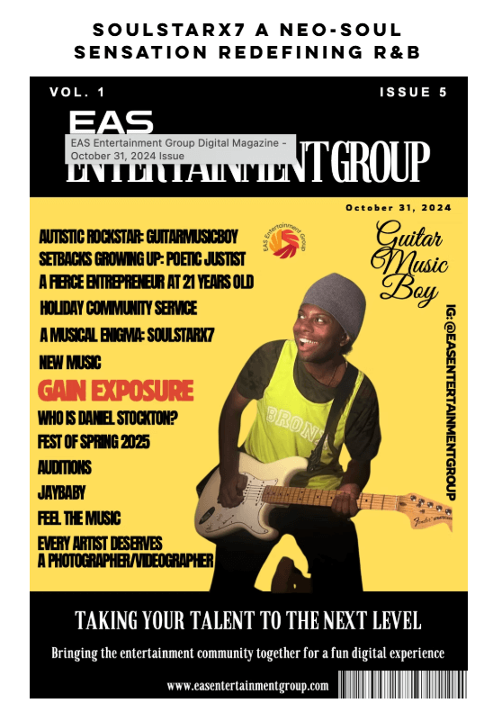 EAS Entertainment Group digital magazine cover featuring neo-soul artist GuitarMusicBoy with an electric guitar.