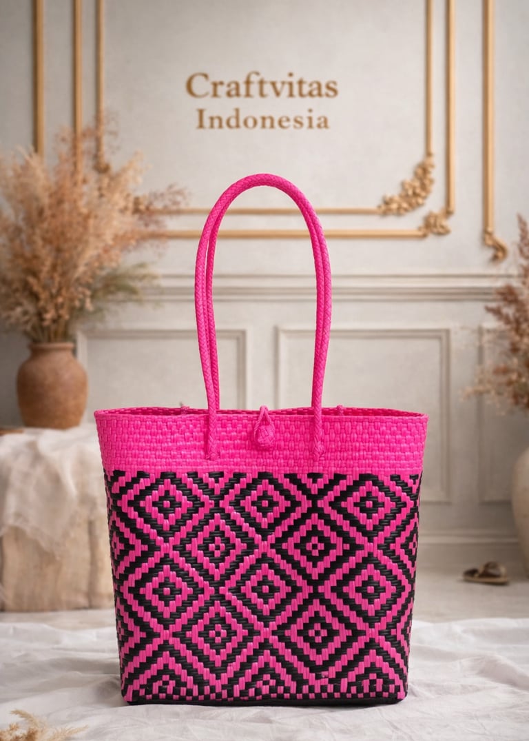 Pink and black handwoven plastic tote bag with geometric batik pattern, handmade Indonesian woven ba
