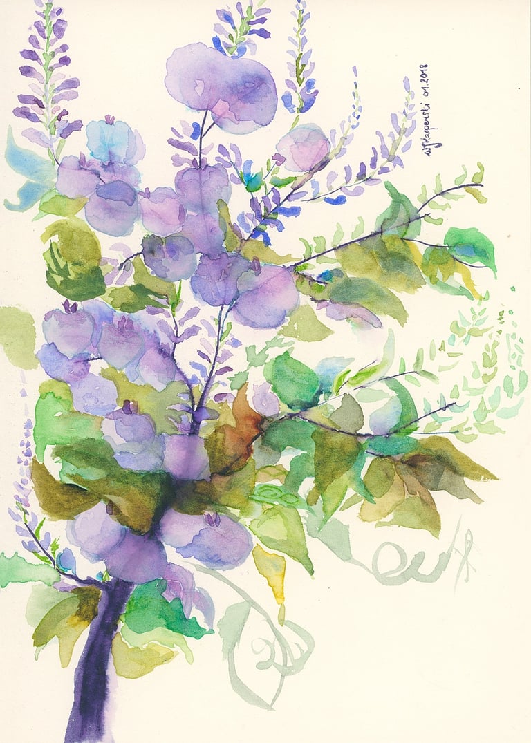 Delicate Wisteria Painting Inspired by Traditional Asian Art by Weronika Kacperski
