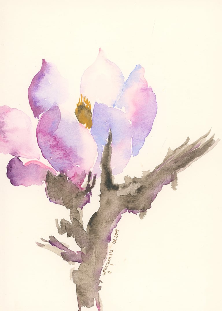 Purple Magnolia Dream: Minimalist Oriental Style Painting Weronika Kacperski French Female Artist