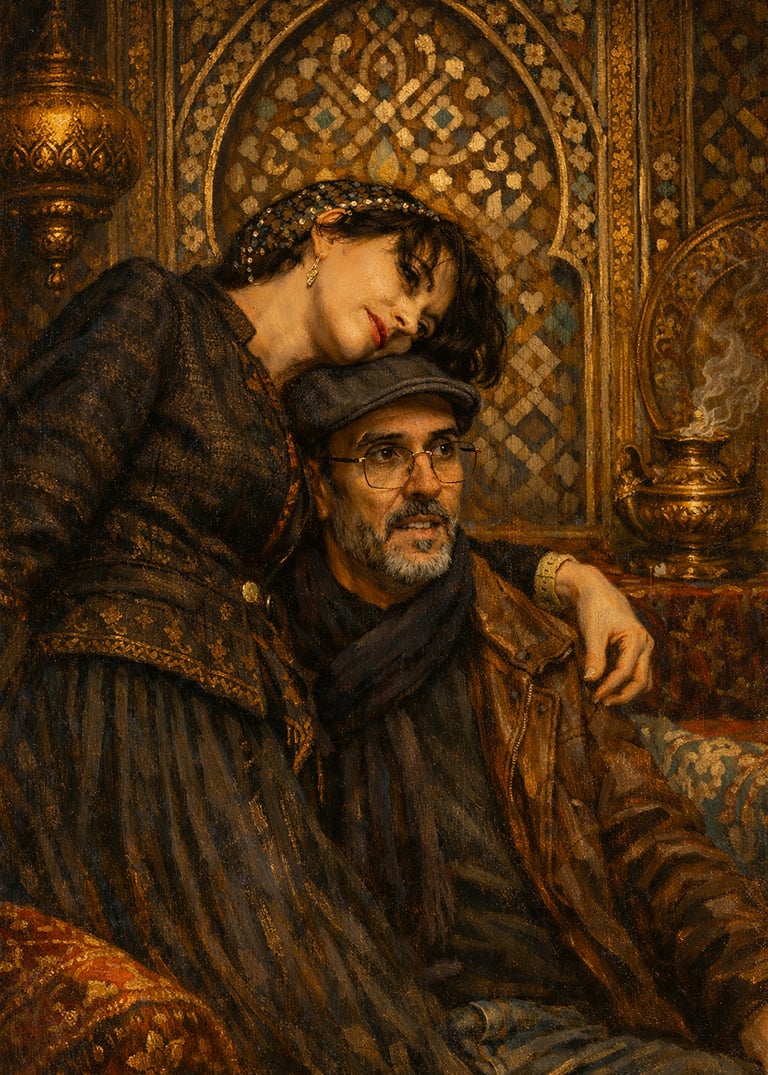 Classical oil painting of a couple in modern attire posing against an ornate gold Moorish backdrop.