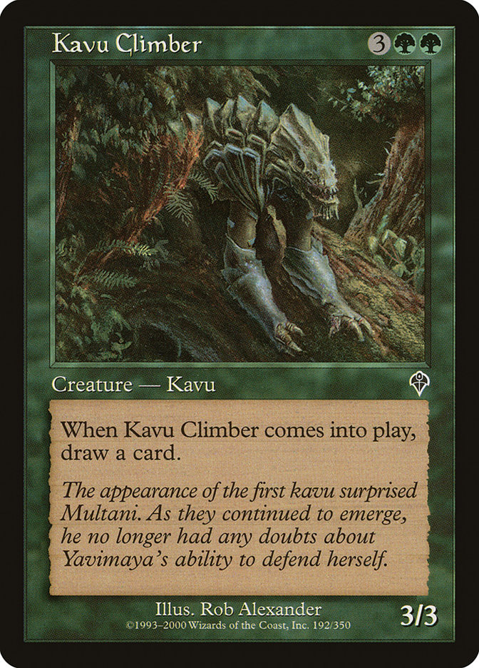 Kavu Climber Magic: The Gathering card featuring a scaly creature climbing a tree in a lush forest.