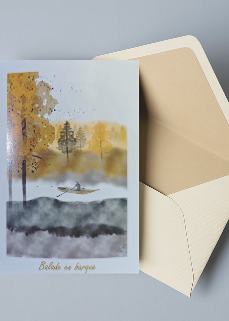 Carte postale avec un décor aquarelle, une barque et un homme qui rame. Forêt autour