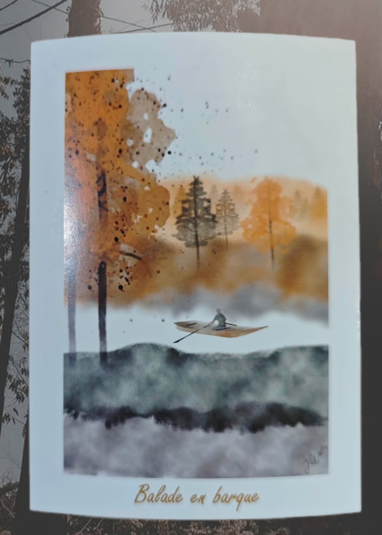 Carte postale effet aquarelle d'une balade en barque en forêt, couleur ocre