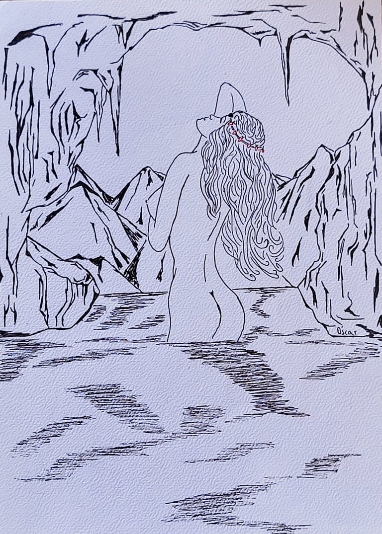 Dibujo de una xana, un espíritu asturiano, bañándose dentro de una cueva. Hecho por Óscar Ocaña Parrón