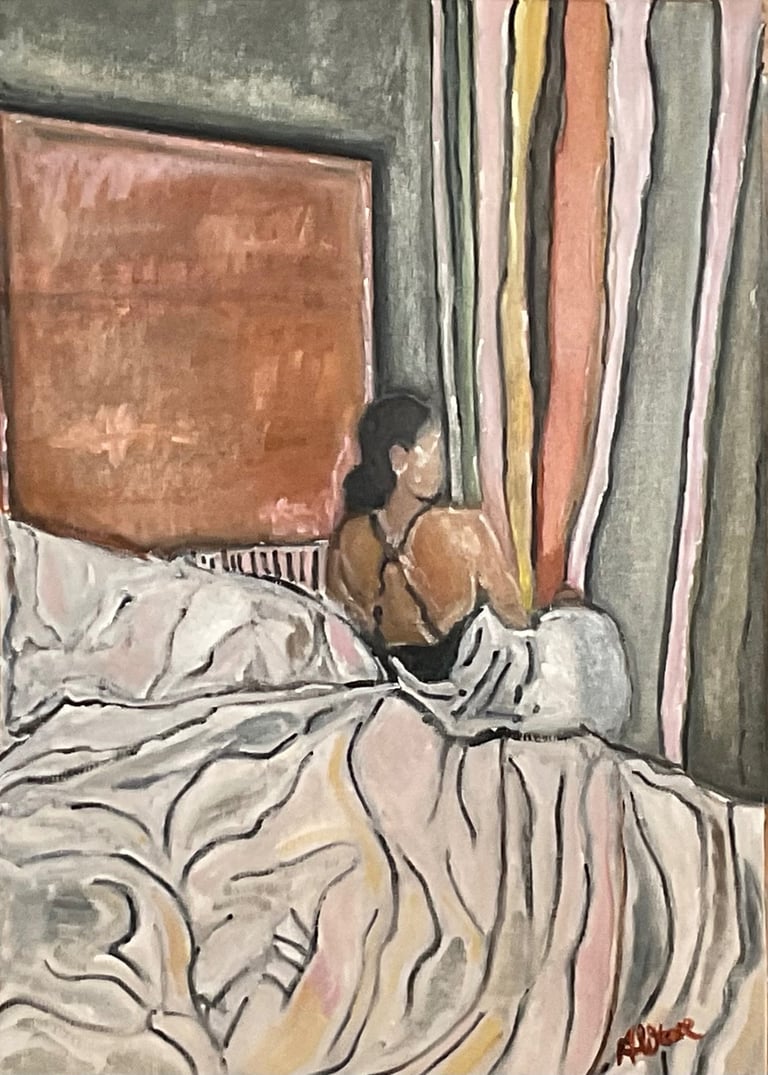 a painting of a woman sitting on a bed