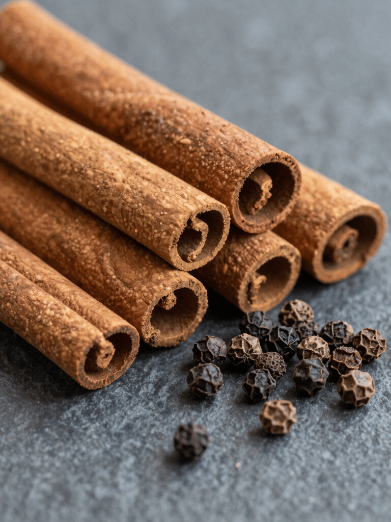 A stack of natural cinnamon sticks and whole black peppercorns on a textured grey surface.